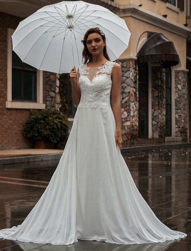 White Wedding Dress Illusion Sleeveless Applique Chiffon Floor Length Bridal Gowns Train Dress