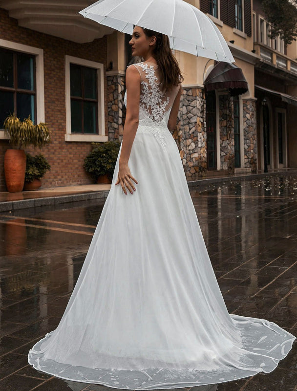 White Wedding Dress Illusion Sleeveless Applique Chiffon Floor Length Bridal Gowns Train Dress