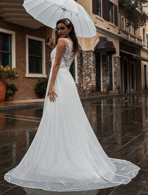 White Wedding Dress Illusion Sleeveless Applique Chiffon Floor Length Bridal Gowns Train Dress
