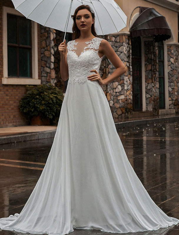 White Wedding Dress Illusion Sleeveless Applique Chiffon Floor Length Bridal Gowns Train Dress