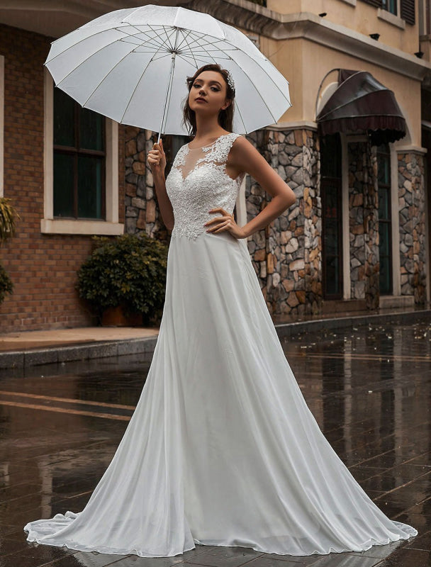 White Wedding Dress Illusion Sleeveless Applique Chiffon Floor Length Bridal Gowns Train Dress