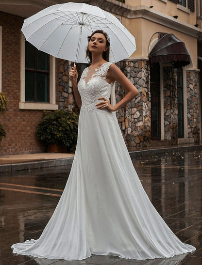 White Wedding Dress Illusion Sleeveless Applique Chiffon Floor Length Bridal Gowns Train Dress
