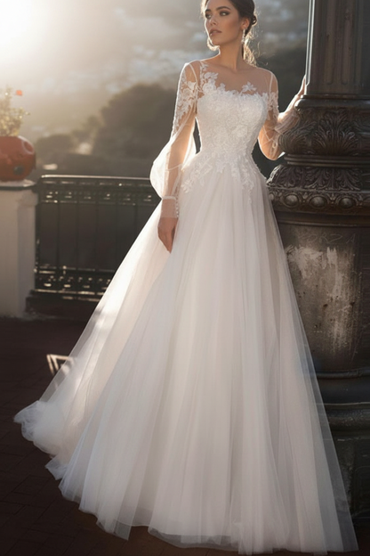 Wedding Dresses A Line Illusion Neck Long Sleeve Floor Length Tulle Pleated Bridal Dress With Train
