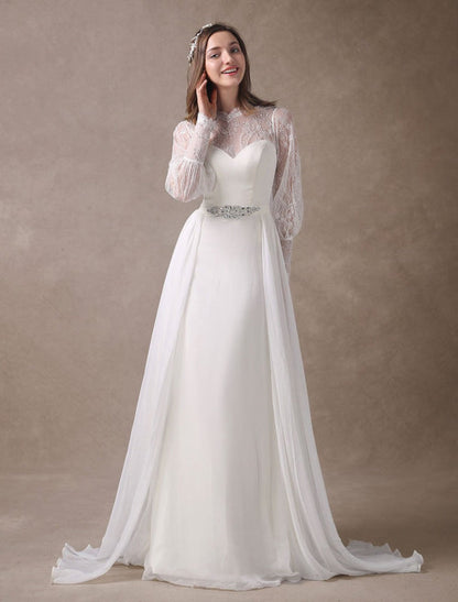 White Wedding Dresses Long Sleeve Lace Chiffon Beading Sash Illusion Beach Bridal Dress With Train Exclusive