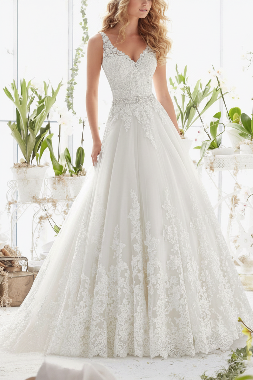 Wedding Dresses V Neck Sleeveless A Line Lace Beaded Sash Bridal Dresses With Train