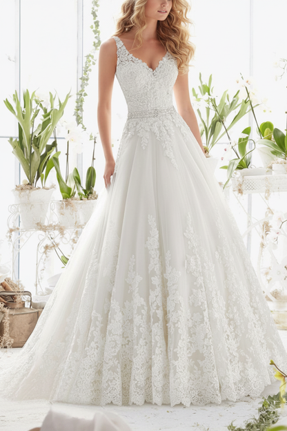 Wedding Dresses V Neck Sleeveless A Line Lace Beaded Sash Bridal Dresses With Train