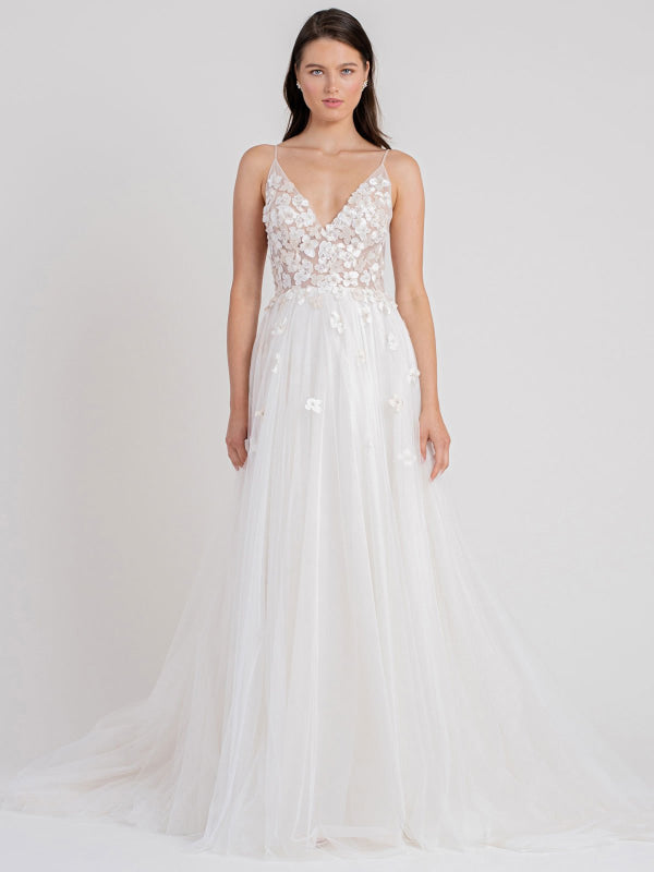 White Wedding Gowns Chapel Train A-Line Sleeveless Spaghetti Straps Matte Satin V-Neck Lace Bridal Gowns