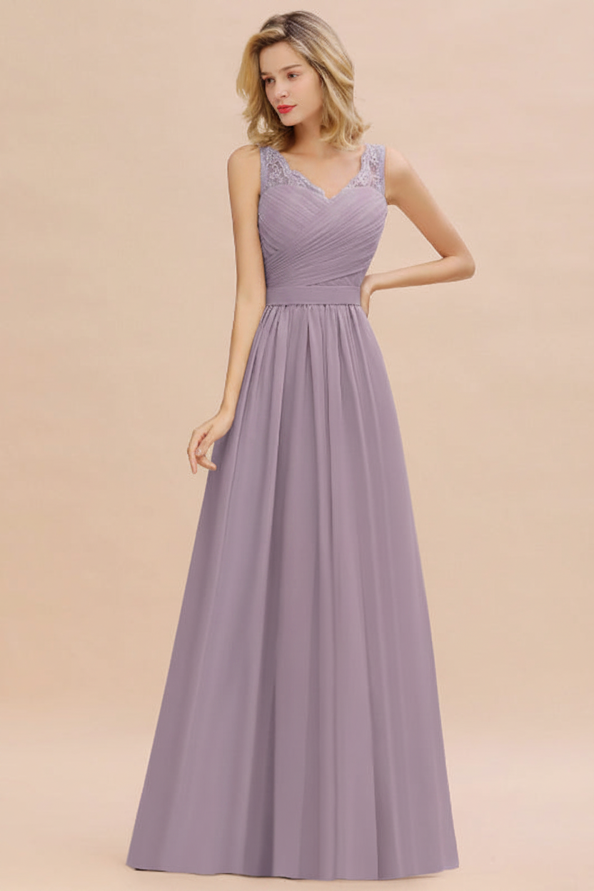 Modest Floral Lace A-line Bridesmaid Dress V-Neck Ruched Chiffon Wedding Guest Dress