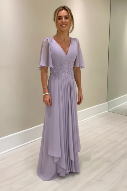 Elegant Half Sleeves V-neck Aline Wedding Guest Dress Chiffon Mother of the Bride Dress