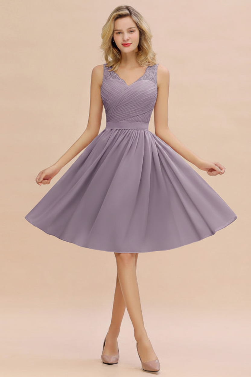 Elegant Ruffle Chiffon Short Bridesmaid Dress Sleeveless V-Neck Aline Knee Length Homecoming Dress