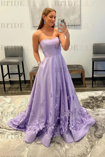 Strapless Light Blue Satin Prom Dresses 3D Flowers A-line Evening Dresses with Pocket