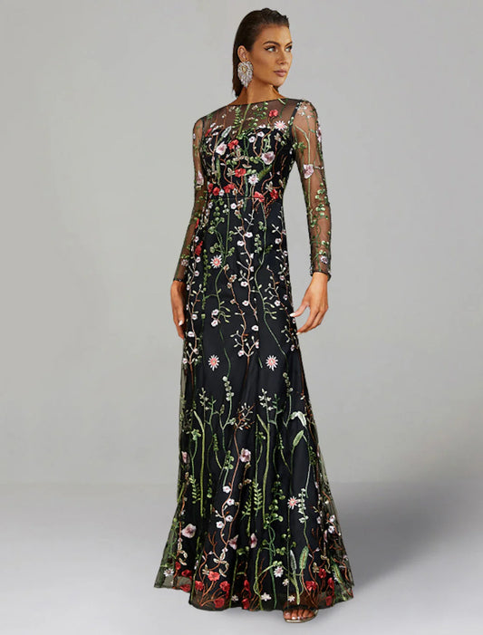 Wholesa Sheath / Column Wedding Guest Dresses Floral Dress Semi Formal Garden Party Floor Length Long Sleeve Jewel Neck Fall Wedding Guest Tulle with Embroidery