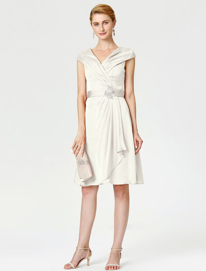 Aimishang A-Line Mother of the Bride Dress Elegant V Neck Knee Length Satin Chiffon Short Sleeve No with Sash / Ribbon Pleats Beading