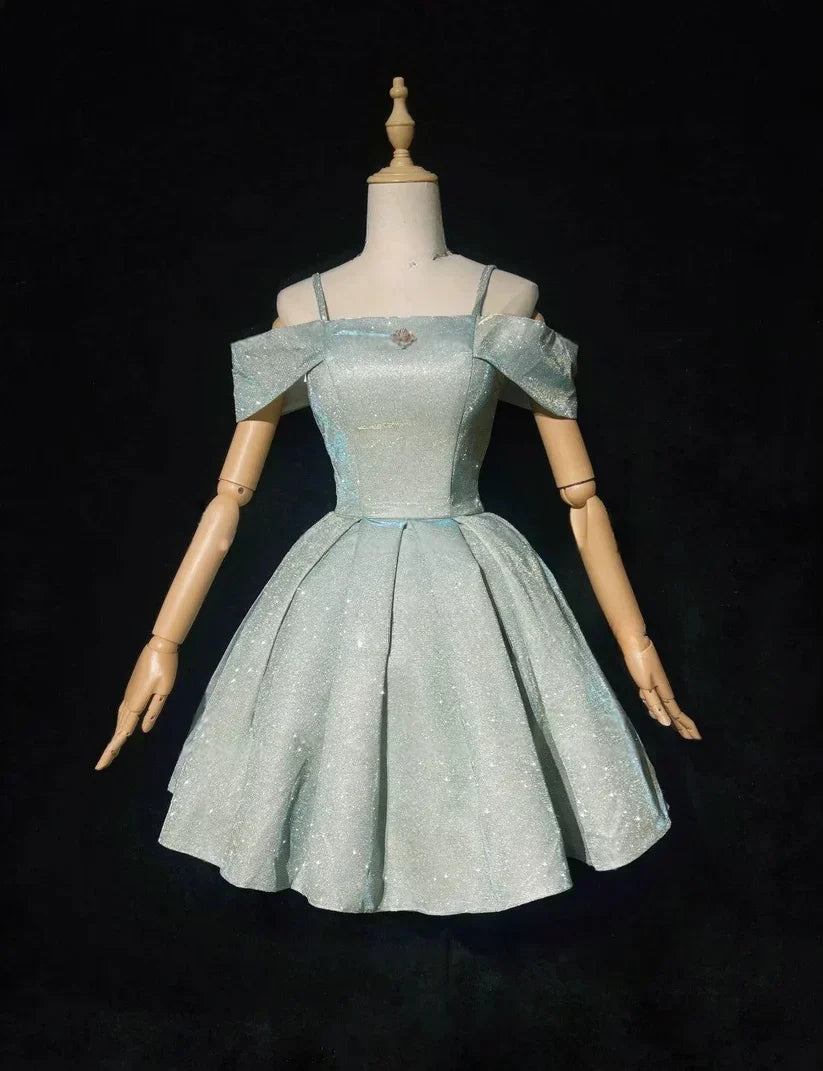 Sparkling Light Blue Sequin Spaghetti Strap Design A-line Satin Party Dress Homecoming Dress HZ1024