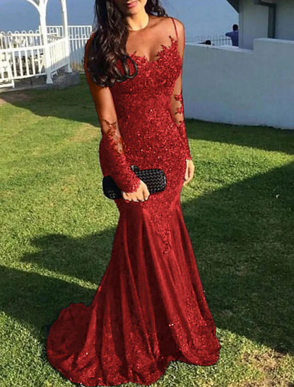 Mermaid Black Dress Evening Gown Sequin Prom Dress Sparkle Formal Gown Sweep / Brush Train Long Sleeve Illusion Neck Lace with Appliques 2025