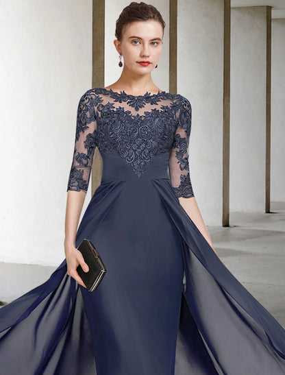 Sheath / Column Mother of the Bride Dress Elegant Plus Size Jewel Neck V Neck Floor Length Chiffon Lace Half Sleeve with Ruched Appliques