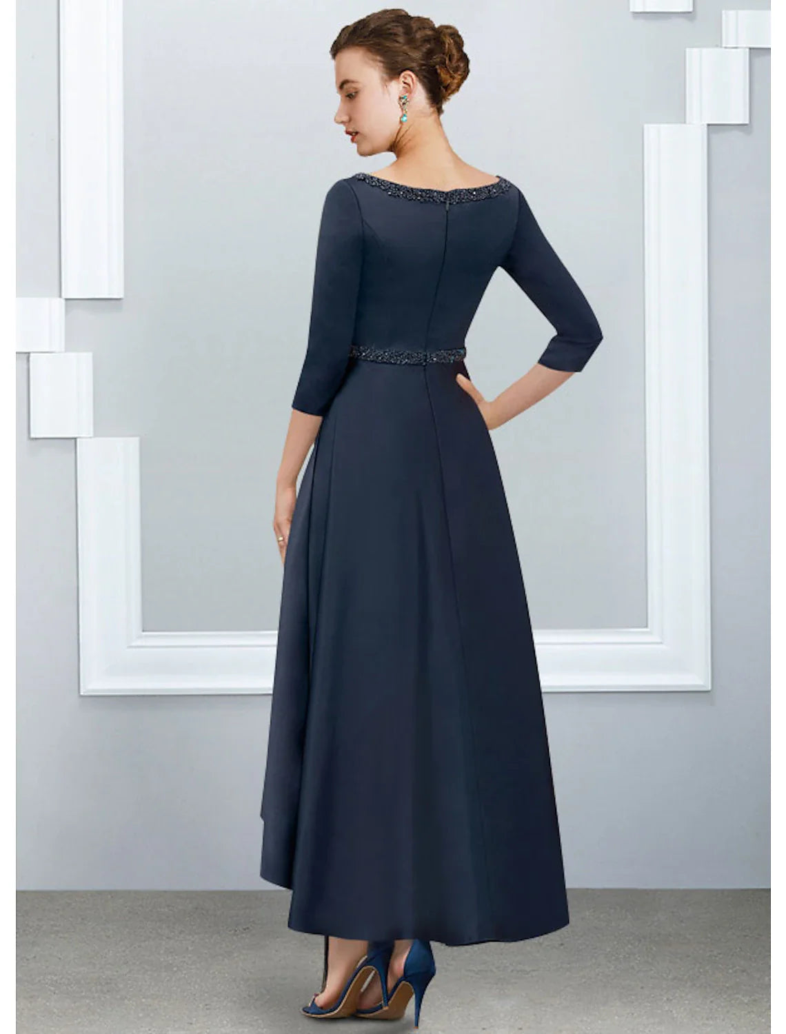 Aimishang  A-Line Mother of the Bride Dress Elegant High Low V Neck Asymmetrical Ankle Length Satin Half Sleeve with Pleats
