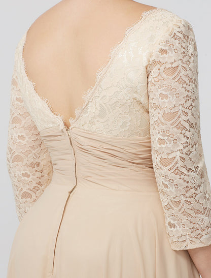 Aimishang  Sheath / Column Mother of the Bride Dress Formal Classic & Timeless Elegant & Luxurious Plus Size Square Neck Floor Length Chiffon Metallic Lace 3/4 Length Sleeve No with Sash / Ribbon Flower