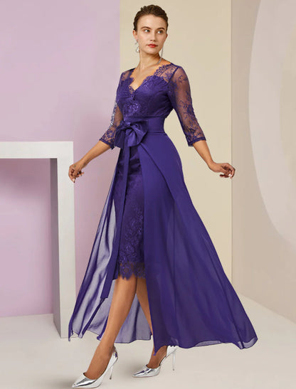 Aimishang  Two Piece Sheath / Column Mother of the Bride Dress Formal Fall Wedding Guest Elegant detachable V Neck Knee Length Chiffon Lace 3/4 Length Sleeve with Bow(s)
