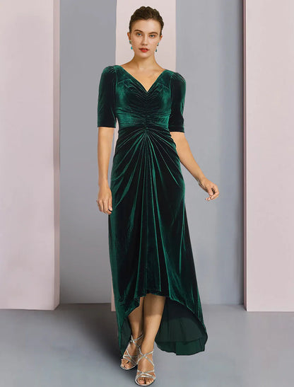 Aimishang  A-Line Mother of the Bride Dress Wedding Guest Elegant High Low V Neck Asymmetrical Tea Length Velvet Short Sleeve with Ruched