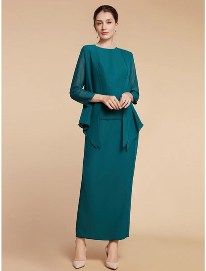 Aimishang  Sheath / Column Mother of the Bride Dress Wedding Guest Elegant Simple Jewel Neck Ankle Length Chiffon Long Sleeve with Split Front Ruching Solid Color