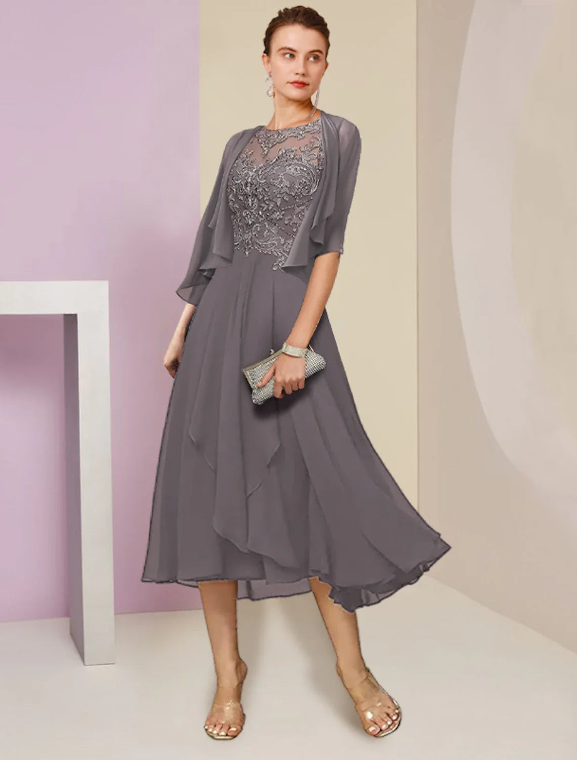 Aimishang  Two Piece A-Line Mother of the Bride Dress Formal Wedding Guest Elegant Scoop Neck Tea Length Chiffon Lace Half Sleeve Wrap Included with Beading Sequin Appliques