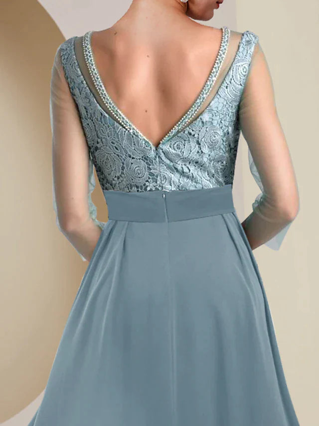 Two Piece Sheath / Column Mother of the Bride Dress Formal Wedding Guest Vintage Elegant Jewel Neck Tea Length Knee Length Chiffon Lace 3/4 Length Sleeve with Beading Appliques