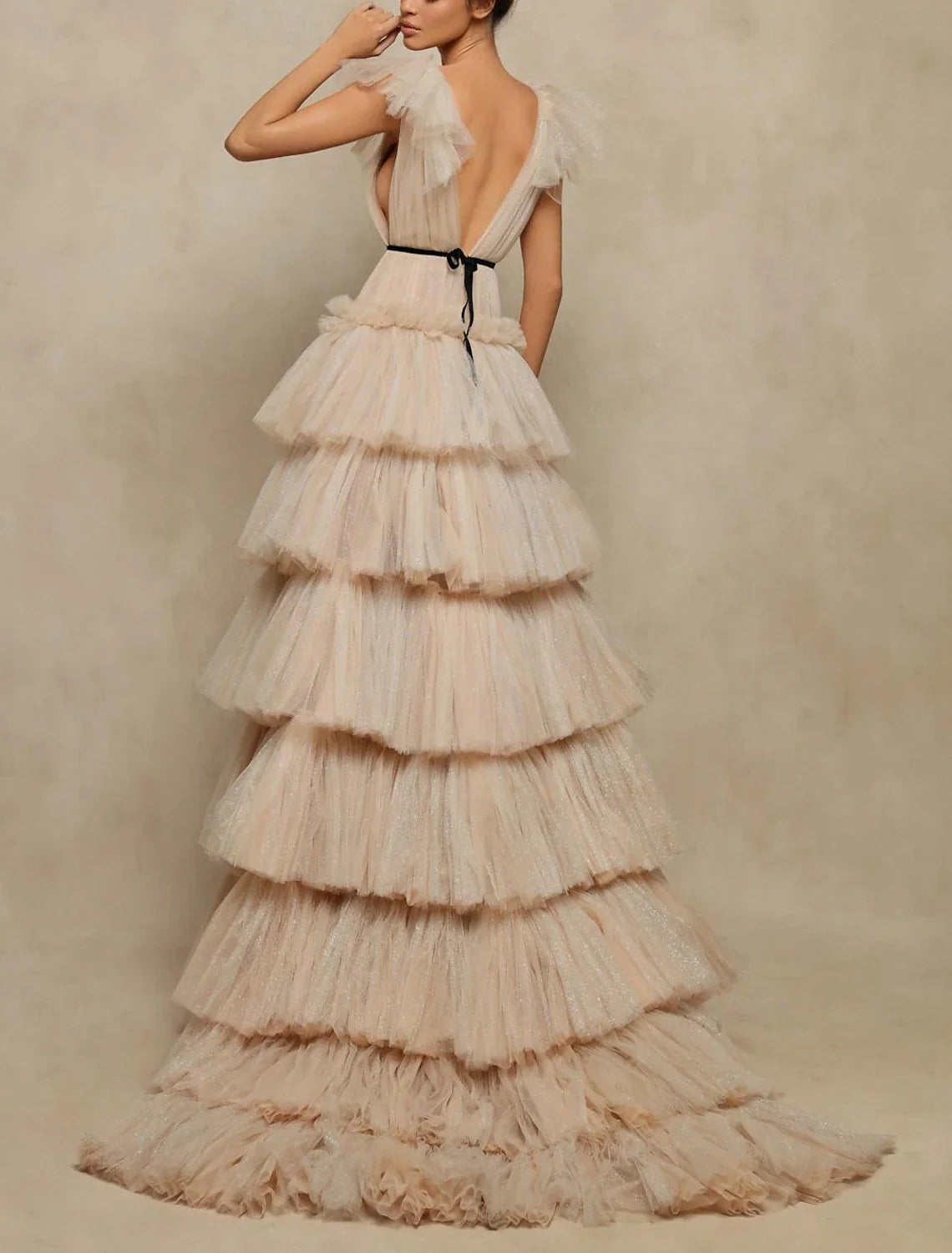 Aimishang A-Line Prom Dresses Elegant Dress Prom Sweep / Brush Train Sleeveless V Neck Tulle V Back with Ruffles
