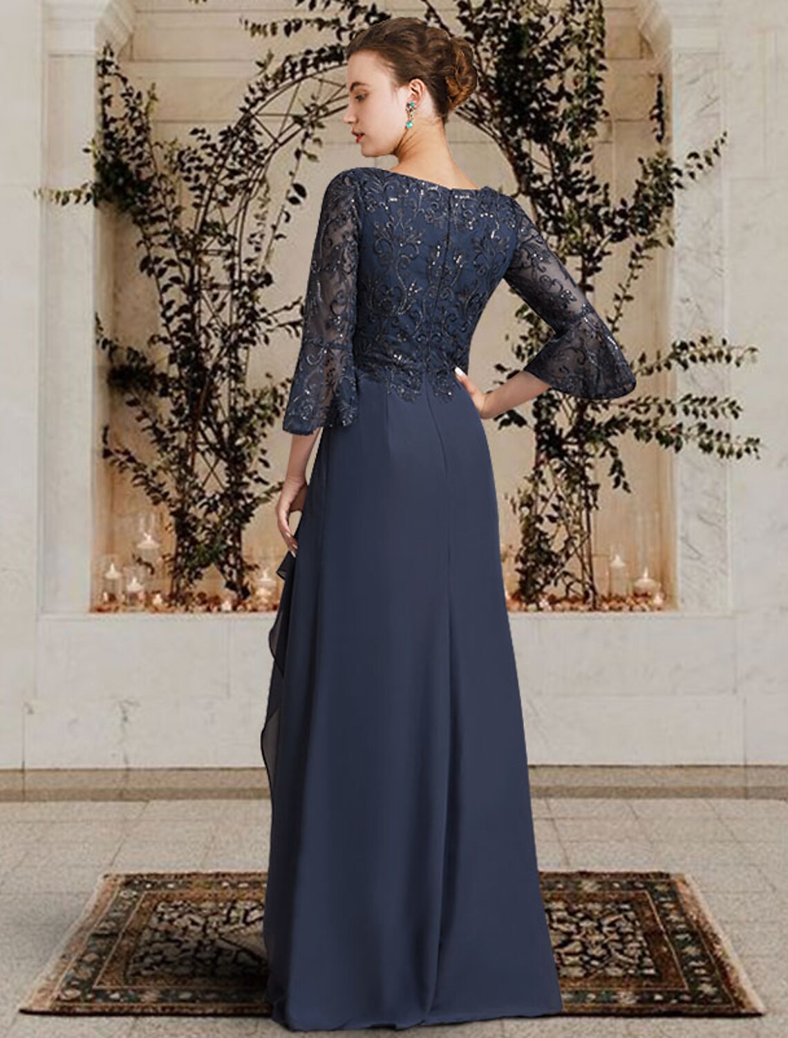 Aimishang Sheath / Column Mother of the Bride Dress Elegant V Neck Floor Length Chiffon Lace 3/4 Length Sleeve with Pleats Appliques