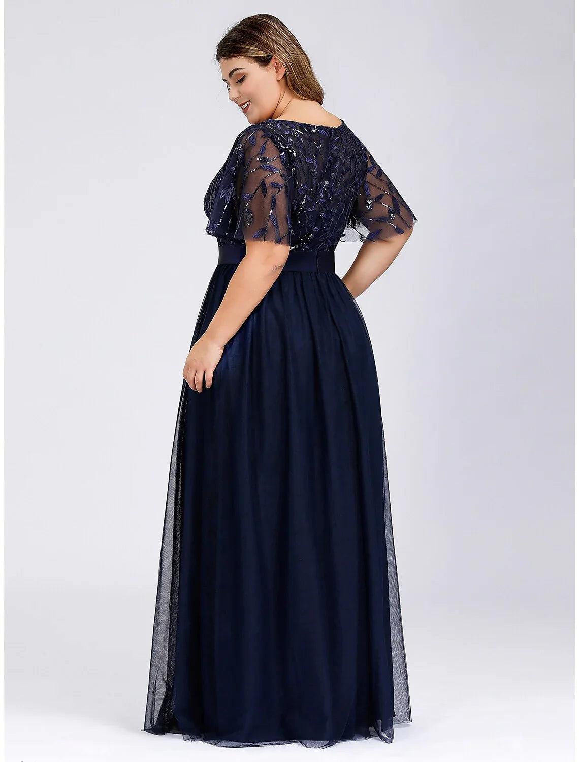 DingjiA-Line Prom Dresses Plus Size Dress Wedding Guest Prom Floor Length Short Sleeve Jewel Neck Bridesmaid Dress Chiffon with Appliques