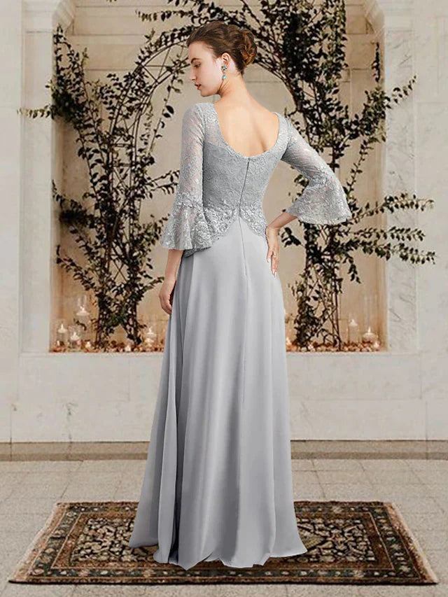 A-Line Mother of the Bride Dress Plus Size Elegant V Neck Floor Length Chiffon Lace 3/4 Length Sleeve with Pleats Sequin Appliques