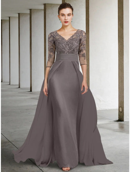 Aimishang  A-Line Mother of the Bride Dress Wedding Guest Elegant V Neck Floor Length Chiffon Lace Half Sleeve with Ruching Solid Color