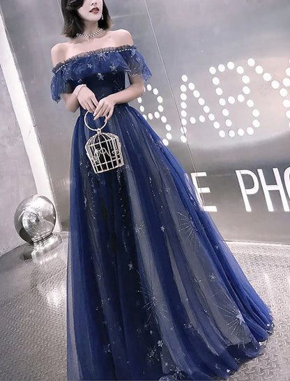 Aimishang A-Line Fairy Prom Dress Sparkle Party Dress Off Shoulder Short Sleeve Floor Length Tulle with Sequins Embroidery Bridesmaid Formal Evening