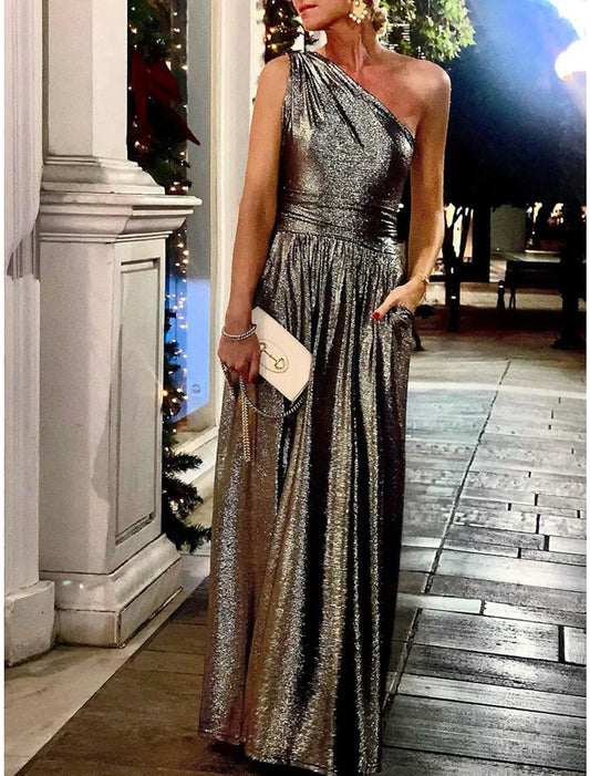 Women's Party Dress Homecoming Dress Wedding Guest Dress Long Dress Maxi Dress Silver Blue Purple Sleeveless Pure Color Pocket Summer Spring One Shoulder Fashion Evening Party Wedding Guest Vacation