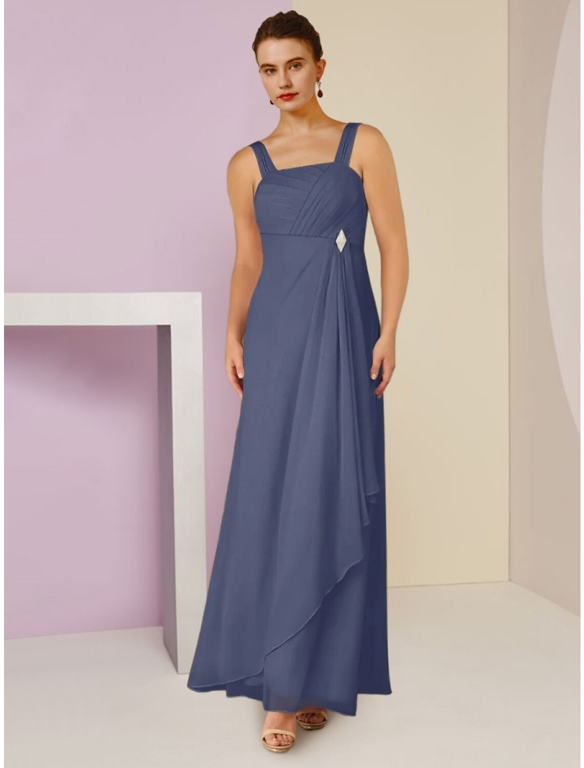 Aimishang  A-Line Mother of the Bride Dress Wedding Guest Elegant Square Neck Ankle Length Chiffon Long Sleeve with Crystal Brooch Ruching