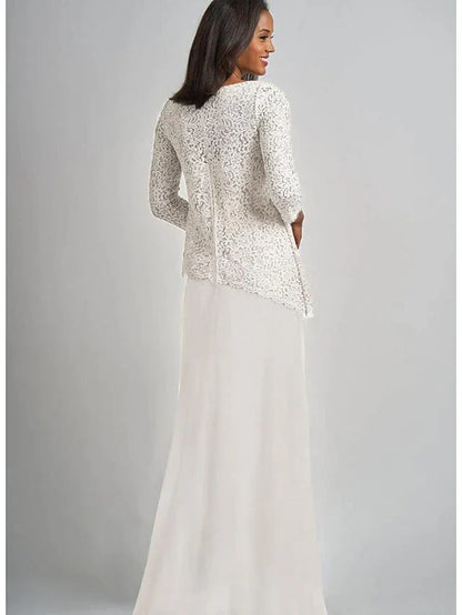 Sheath / Column Mother of the Bride Dress Elegant & Luxurious Bateau Neck Floor Length Chiffon Lace 3/4 Length Sleeve with Lace