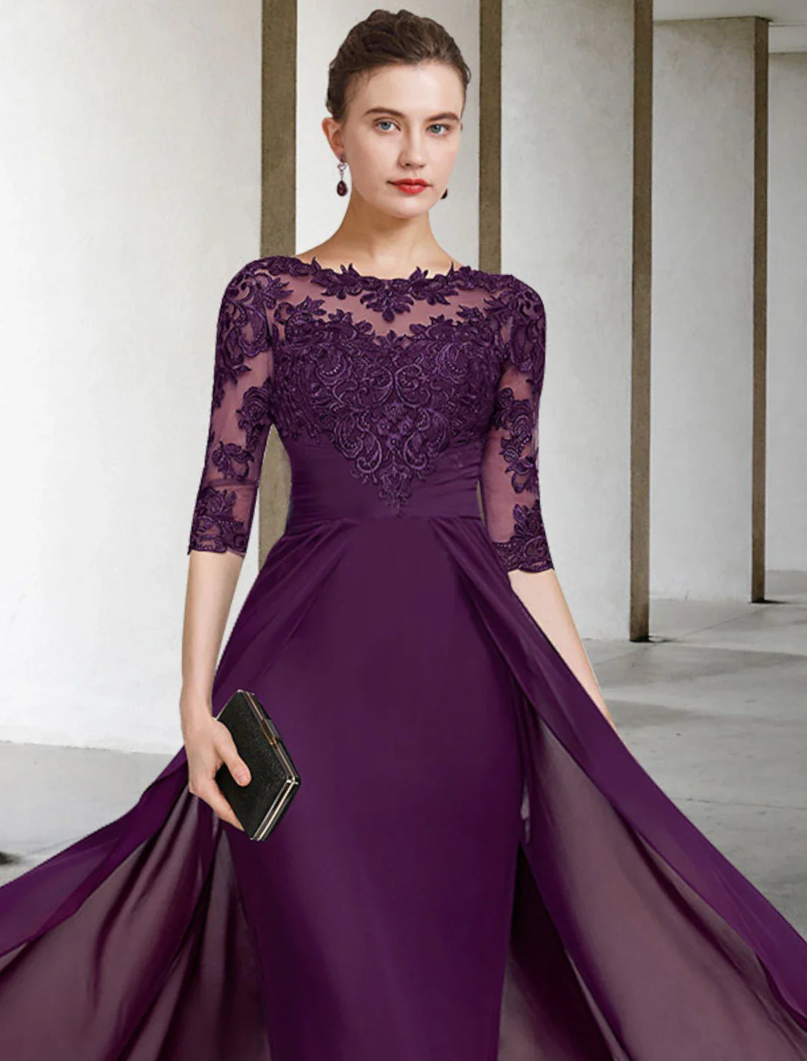 Sheath / Column Mother of the Bride Dress Elegant Plus Size Jewel Neck V Neck Floor Length Chiffon Lace Half Sleeve with Ruched Appliques