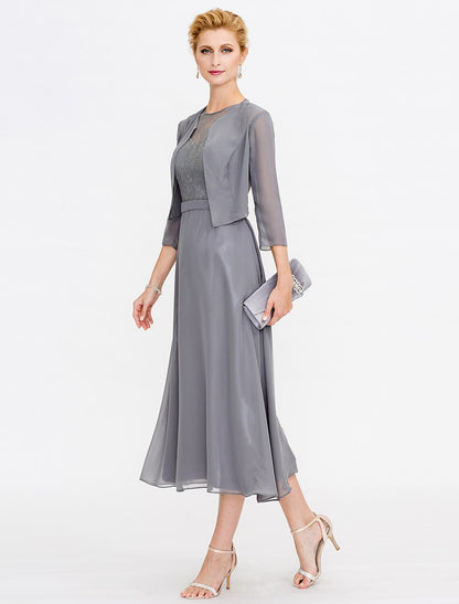Aimishang A-Line Mother of the Bride Dress Fall Wedding Guest Dresses Plus Size Elegant Illusion Neck Tea Length Chiffon Corded Lace Sleeveless Wrap Included with Lace Pleats