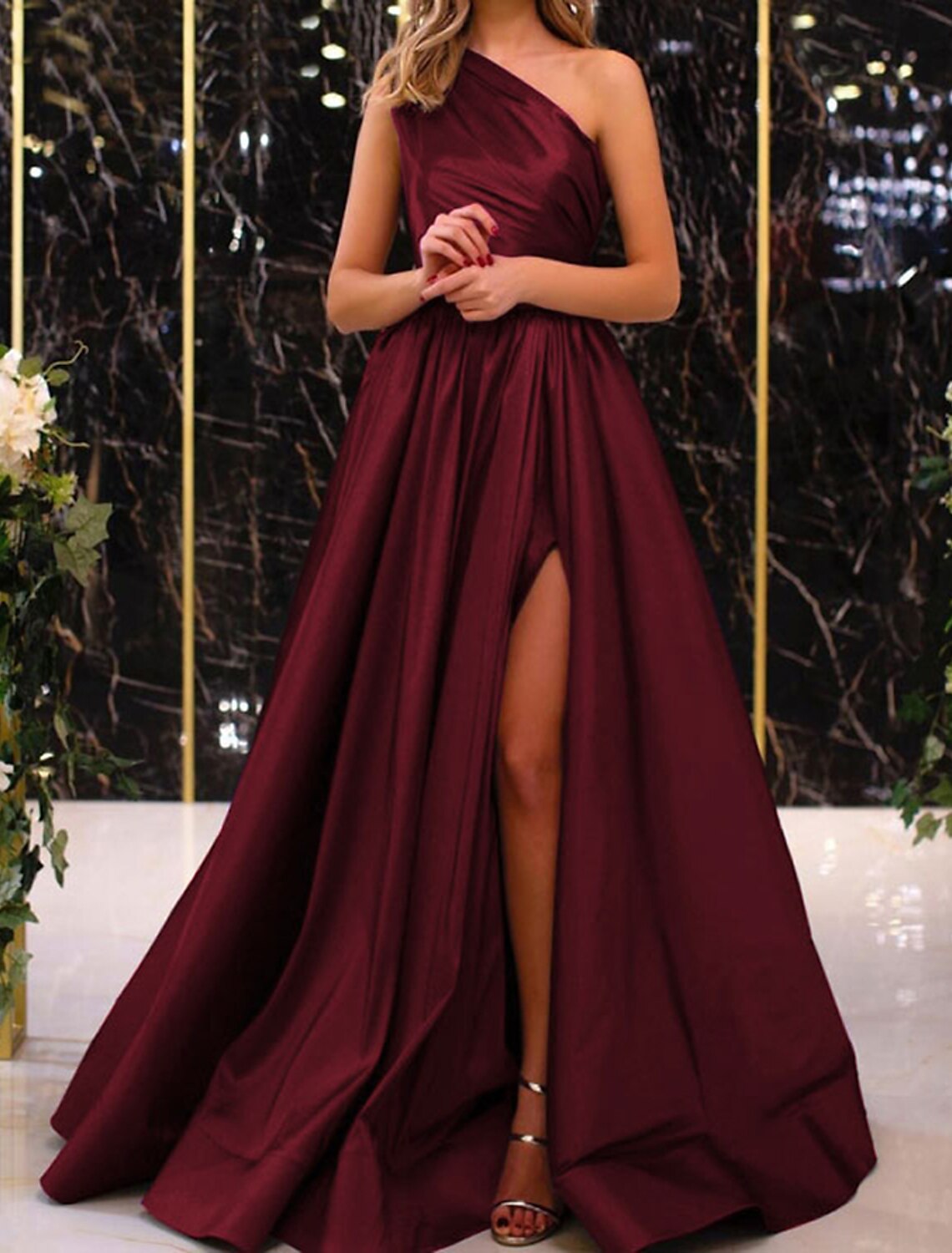 Aimishang A-Line Evening Gown Elegant Dress Wedding Guest Engagement Floor Length Sleeveless One Shoulder Satin with Pleats Slit
