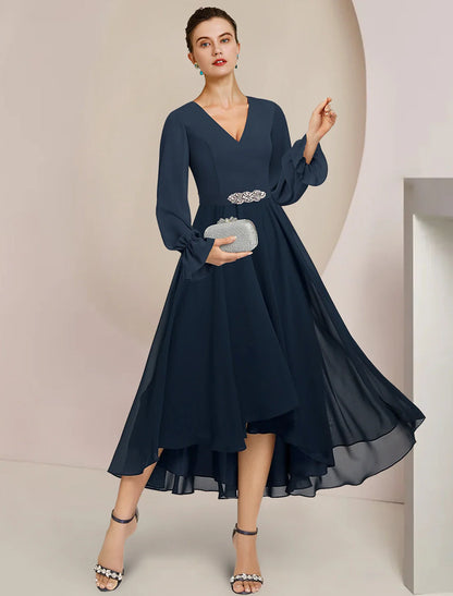 Aimishang  A-Line Mother of the Bride Dress Formal Wedding Guest Elegant High Low Scoop Neck V Neck Asymmetrical Tea Length Chiffon Long Sleeve with Crystal Brooch