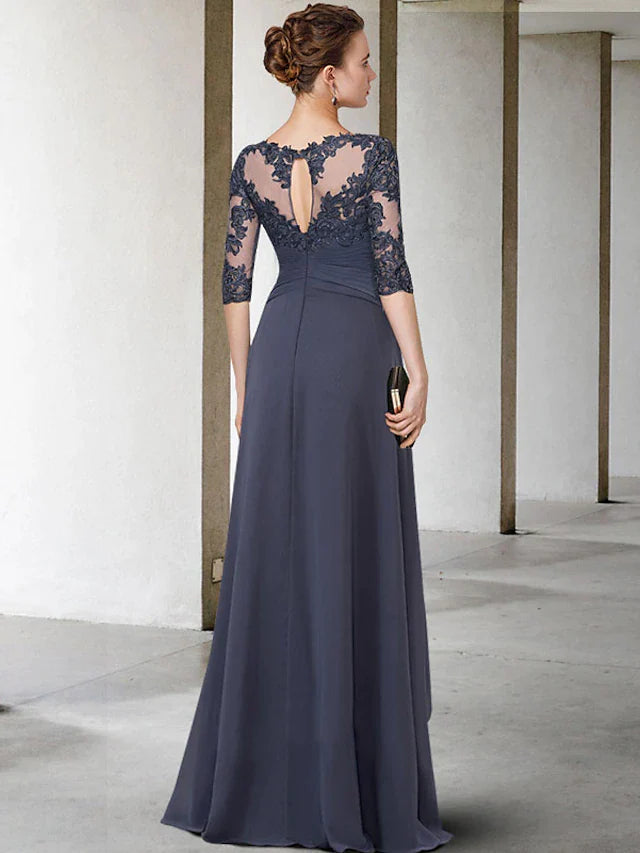 A-Line Mother of the Bride Dress Plus Size Elegant Jewel Neck Floor Length Chiffon Lace 3/4 Length Sleeve with Pleats Ruched Appliques