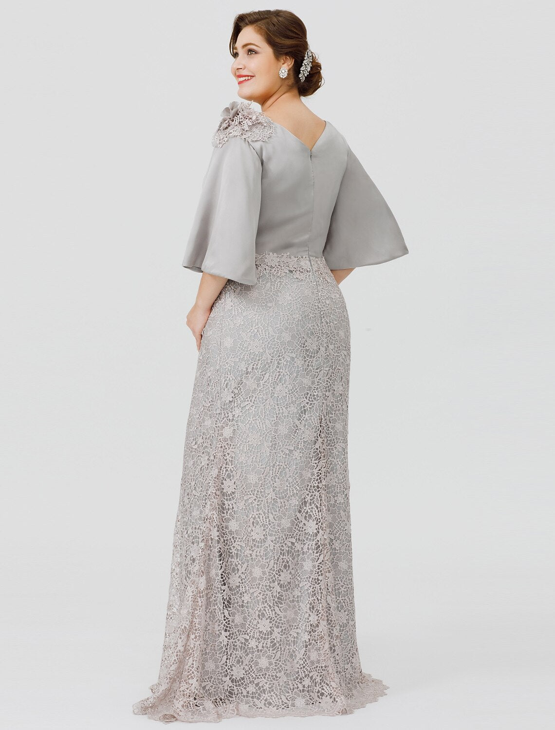 Aimishang Mermaid / Trumpet Mother of the Bride Dress Plus Size Sexy Cowl Neck Sweep / Brush Train Satin Chiffon Lace Over Satin Half Sleeve No with Appliques