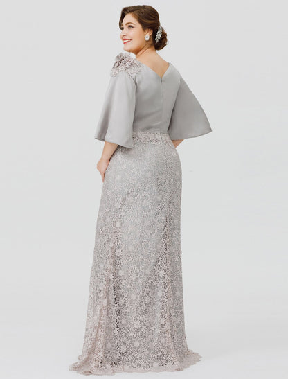 Aimishang Mermaid / Trumpet Mother of the Bride Dress Plus Size Sexy Cowl Neck Sweep / Brush Train Satin Chiffon Lace Over Satin Half Sleeve No with Appliques