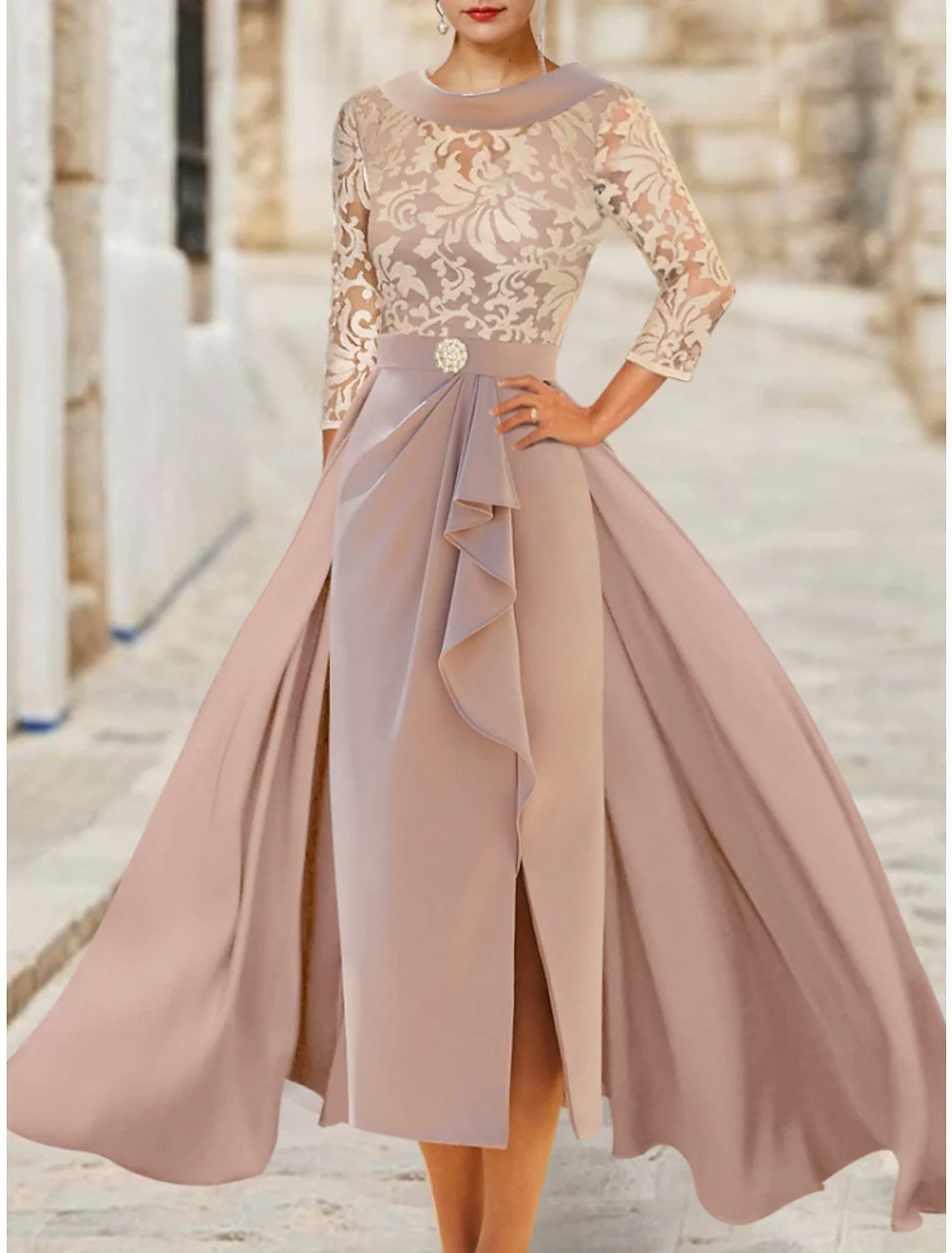 Aimishang A-Line Mother of the Bride Dress Wedding Guest Elegant Scoop Neck Ankle Length Satin Lace 3/4 Length Sleeve with Ruffles Split Front Ruching