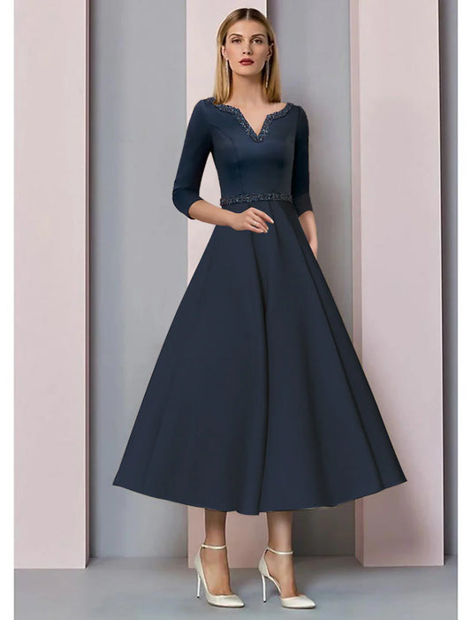 Aimishang  A-Line Mother of the Bride Dress Wedding Guest Vintage Elegant V Neck Tea Length Satin Short Sleeve with Pleats Beading