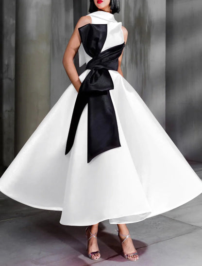Ball Gown Color Block Celebrity Style Elegant Prom Formal Evening Birthday Dress Christmas Red Green Dress High Neck Sleeveless Ankle Length Satin with Bow(s) 2025
