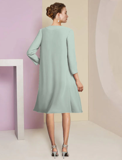 Aimishang  Two Piece A-Line Mother of the Bride Dress Formal Wedding Guest Elegant Scoop Neck Knee Length Chiffon 3/4 Length Sleeve with Tier
