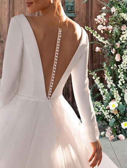 Aimishang Reception Simple Wedding Dresses Wedding Dresses Sheath / Column V Neck Sleeveless Ankle Length Satin Bridal Gowns With / Solid Color