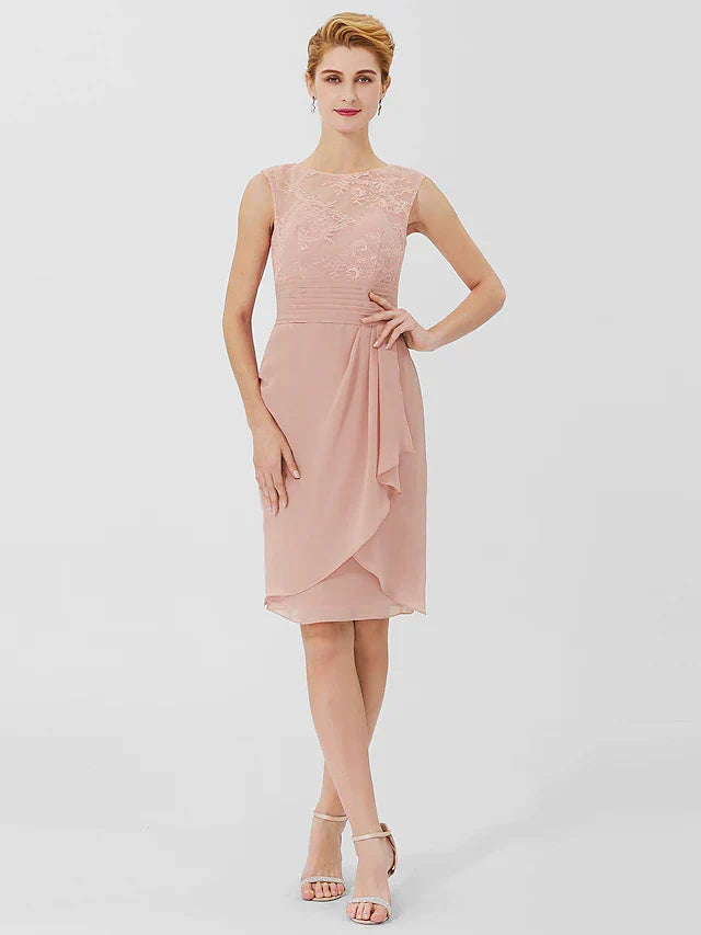 Sheath / Column Mother of the Bride Dress Formal Classic & Timeless Elegant & Luxurious Convertible Dress Jewel Neck Knee Length Chiffon Sheer Lace 3/4 Length Sleeve with Sash / Ribbon
