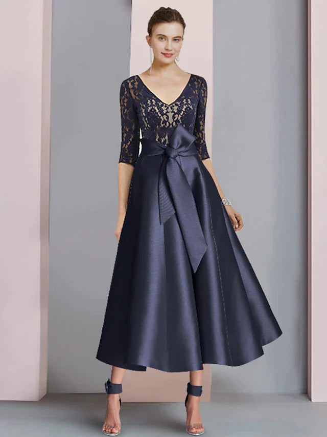 A-Line Mother of the Bride Dress Wedding Guest Vintage Elegant V Neck Ankle Length Satin Lace Half Sleeve with Bow(s) Pleats